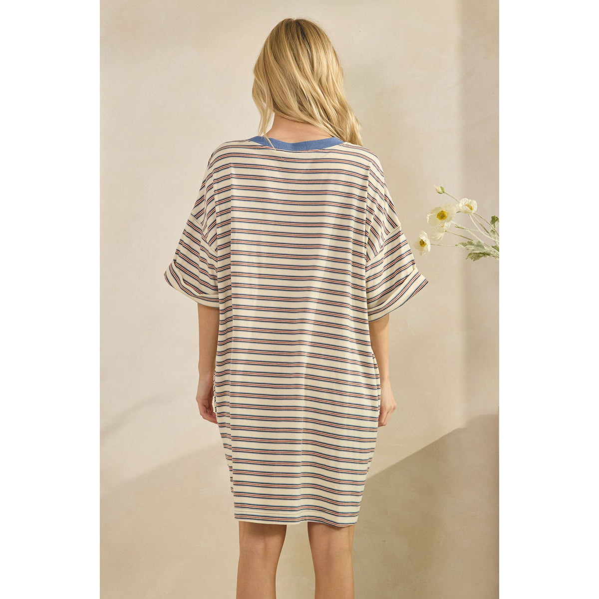 Veveret - Stripe Knit Pullover Oversized T-shirt Dress
