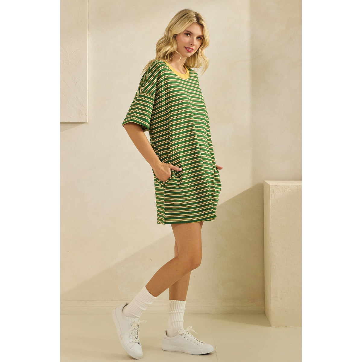 Veveret - Stripe Knit Pullover Oversized T-shirt Dress