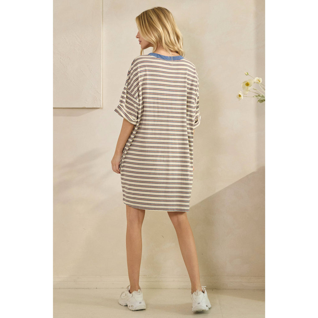 Veveret - Stripe Knit Pullover Oversized T-shirt Dress