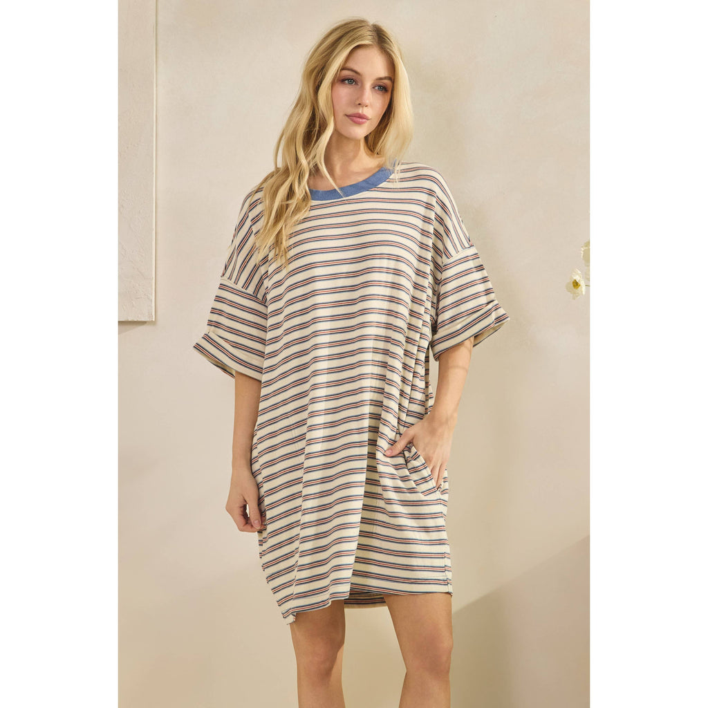 Veveret - Stripe Knit Pullover Oversized T-shirt Dress