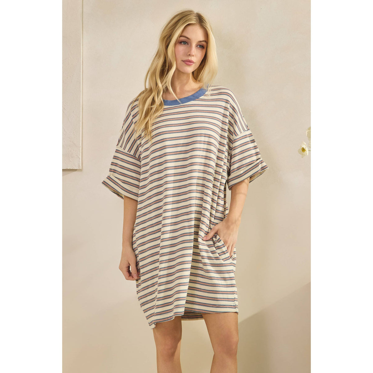 Veveret - Stripe Knit Pullover Oversized T-shirt Dress