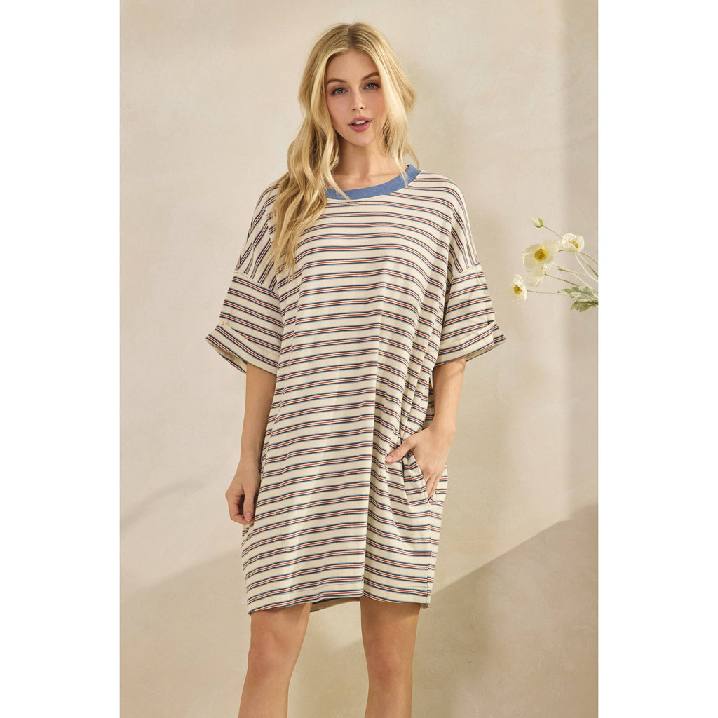 Veveret - Stripe Knit Pullover Oversized T-shirt Dress