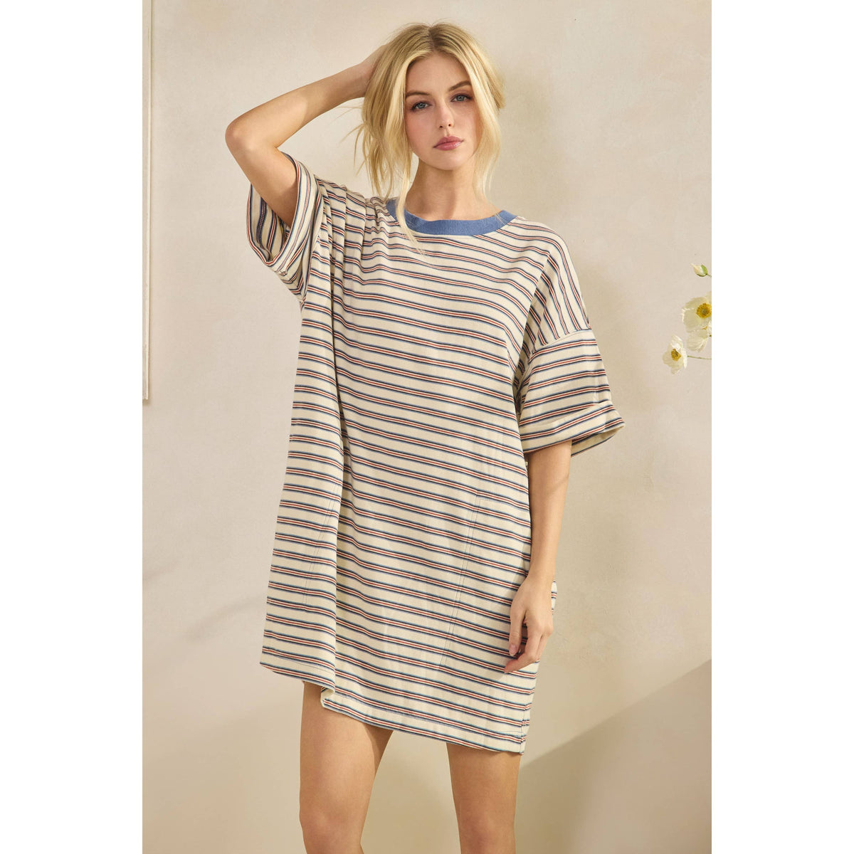 Veveret - Stripe Knit Pullover Oversized T-shirt Dress