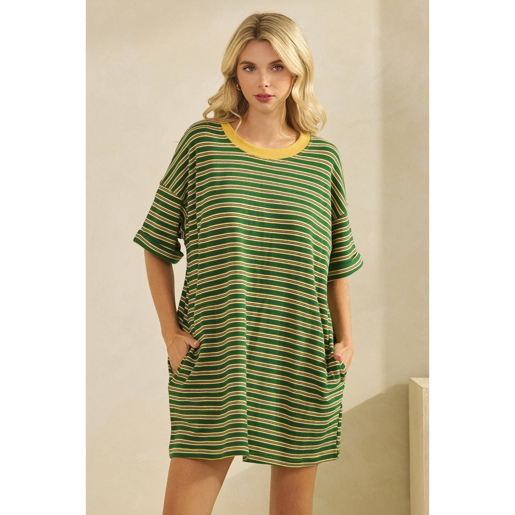 Veveret - Stripe Knit Pullover Oversized T-shirt Dress