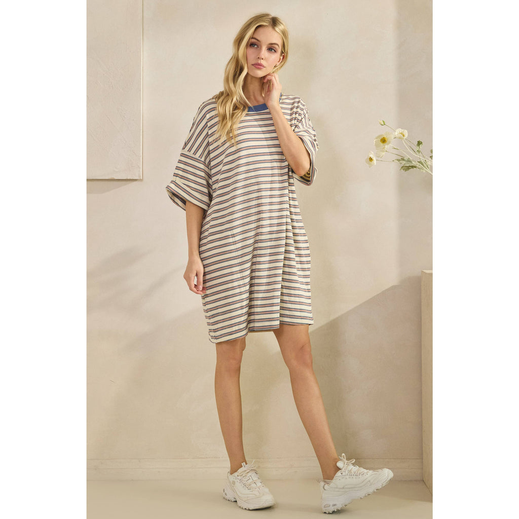 Veveret - Stripe Knit Pullover Oversized T-shirt Dress