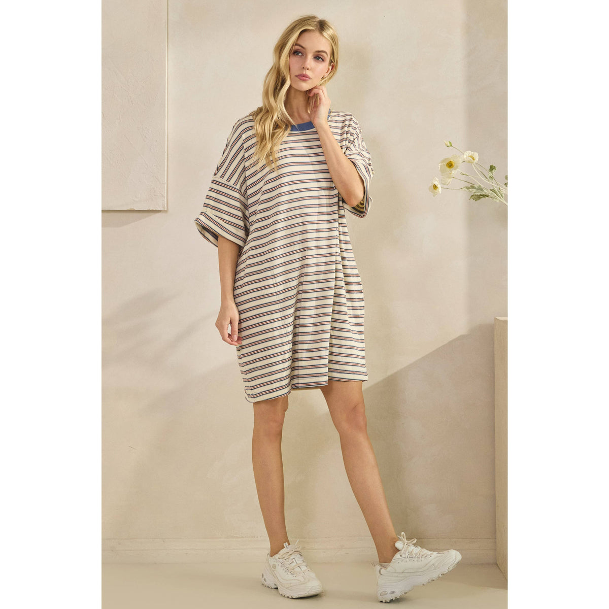 Veveret - Stripe Knit Pullover Oversized T-shirt Dress