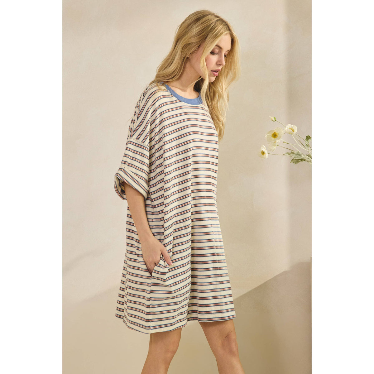 Veveret - Stripe Knit Pullover Oversized T-shirt Dress