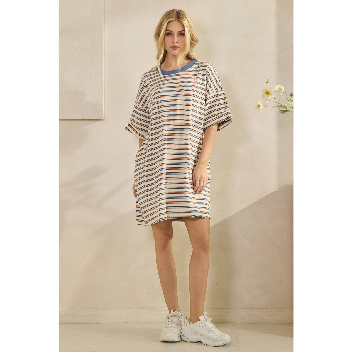 Veveret - Stripe Knit Pullover Oversized T-shirt Dress