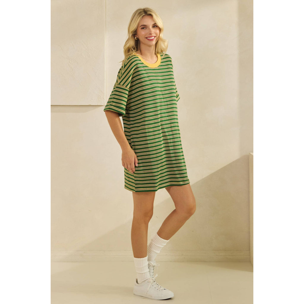 Veveret - Stripe Knit Pullover Oversized T-shirt Dress
