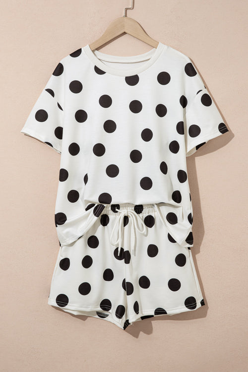 Black Polka Dot Print Loose Tee Drawstring Elastic Waist Short Set
