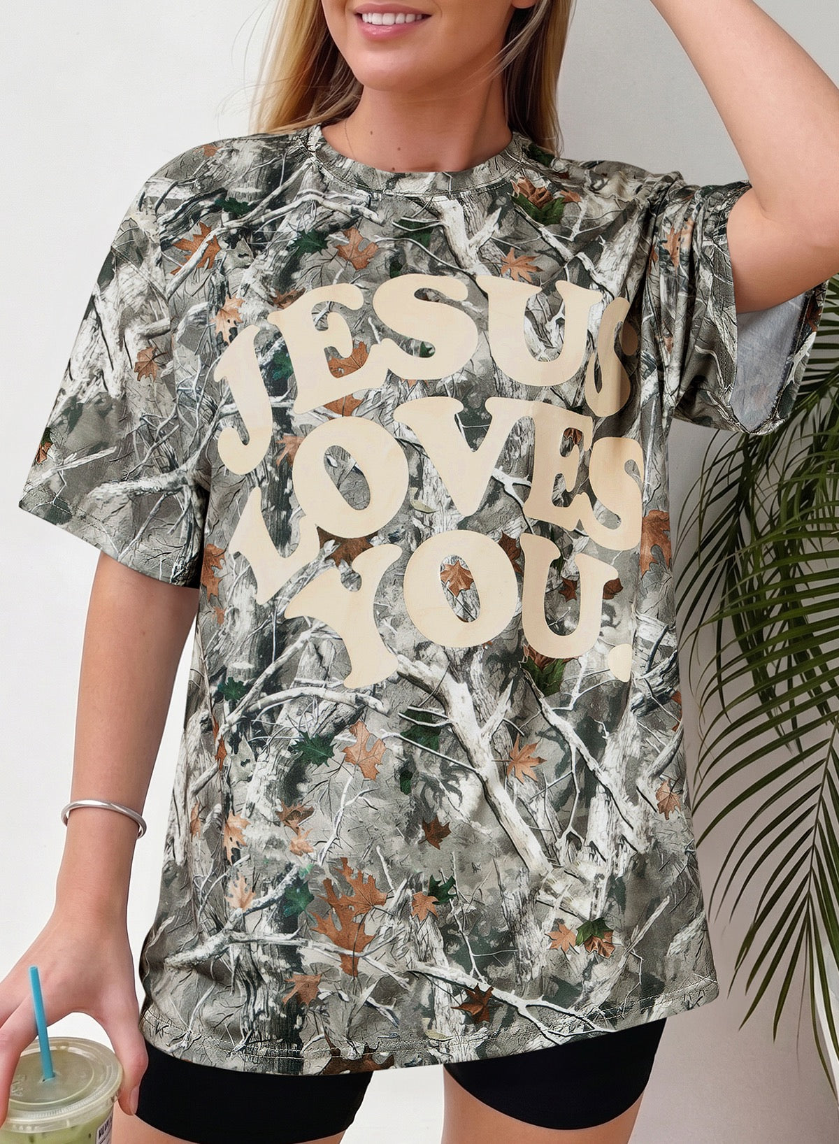 Beige Camo Woodland JESUS LOVES YOU  Casual Tee