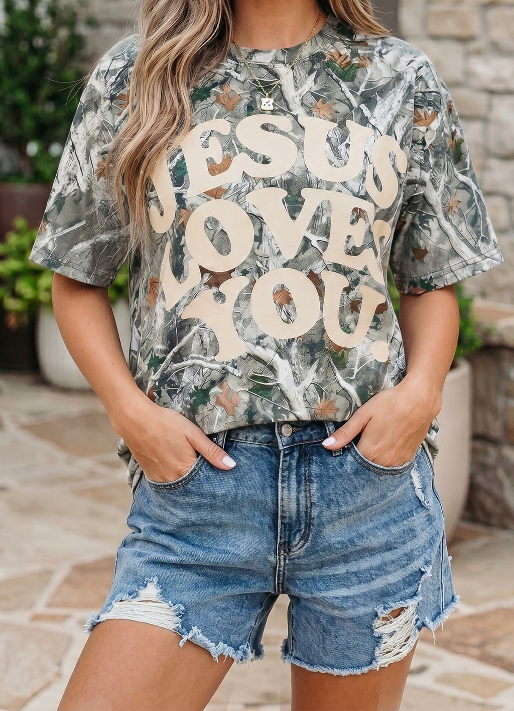 Beige Camo Woodland JESUS LOVES YOU  Casual Tee