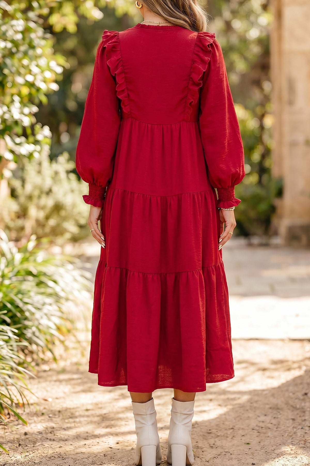 Ruffle Trim Long Sleeve Tiered / Midi Dress