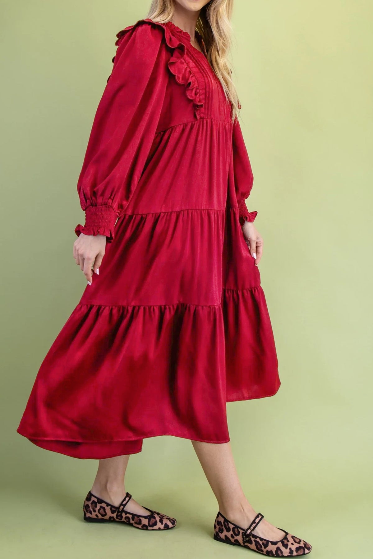 Ruffle Trim Long Sleeve Tiered / Midi Dress