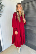 Ruffle Trim Long Sleeve Tiered / Midi Dress