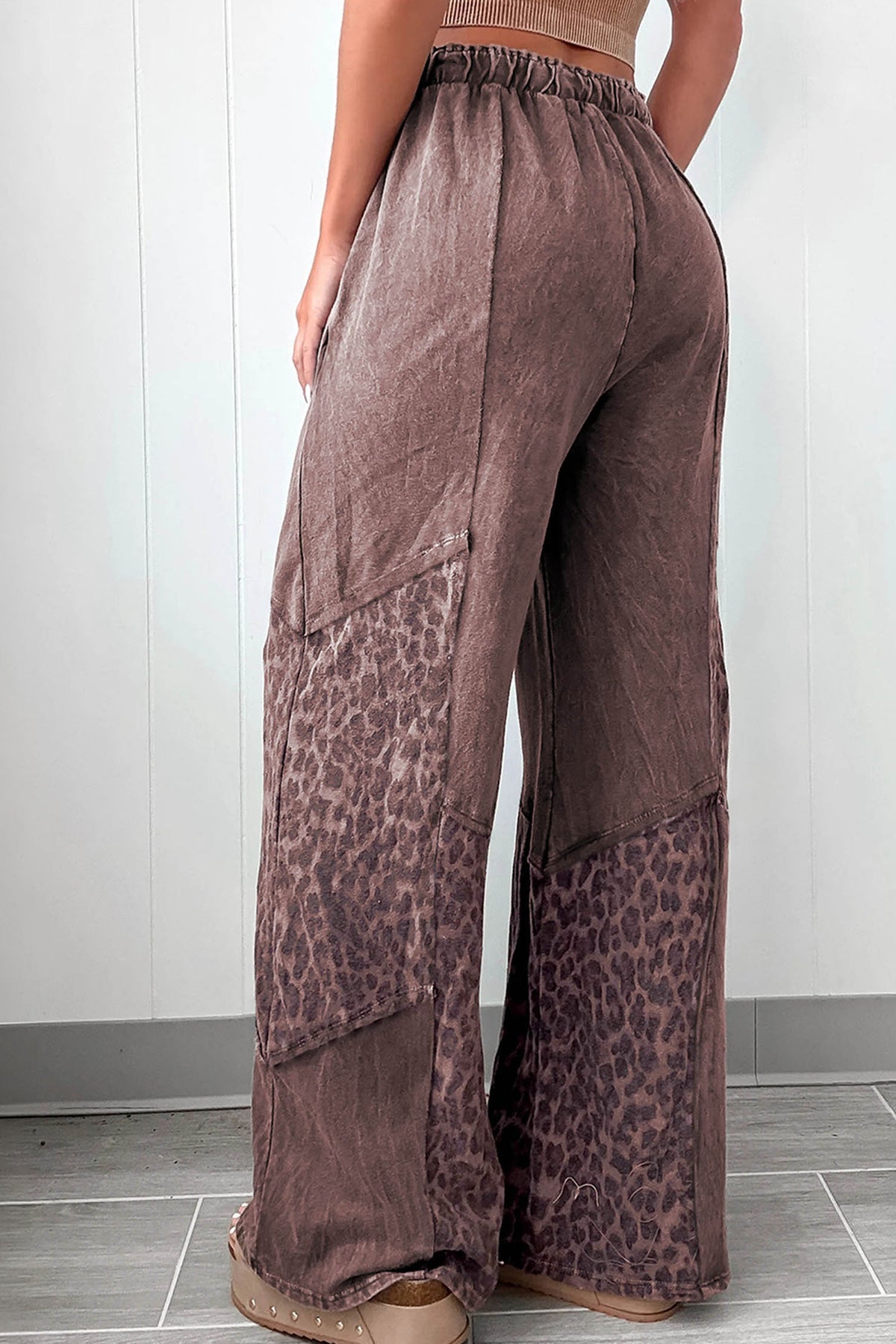 Coffee Mineral Wash Leopard Patchwork Loose Pants