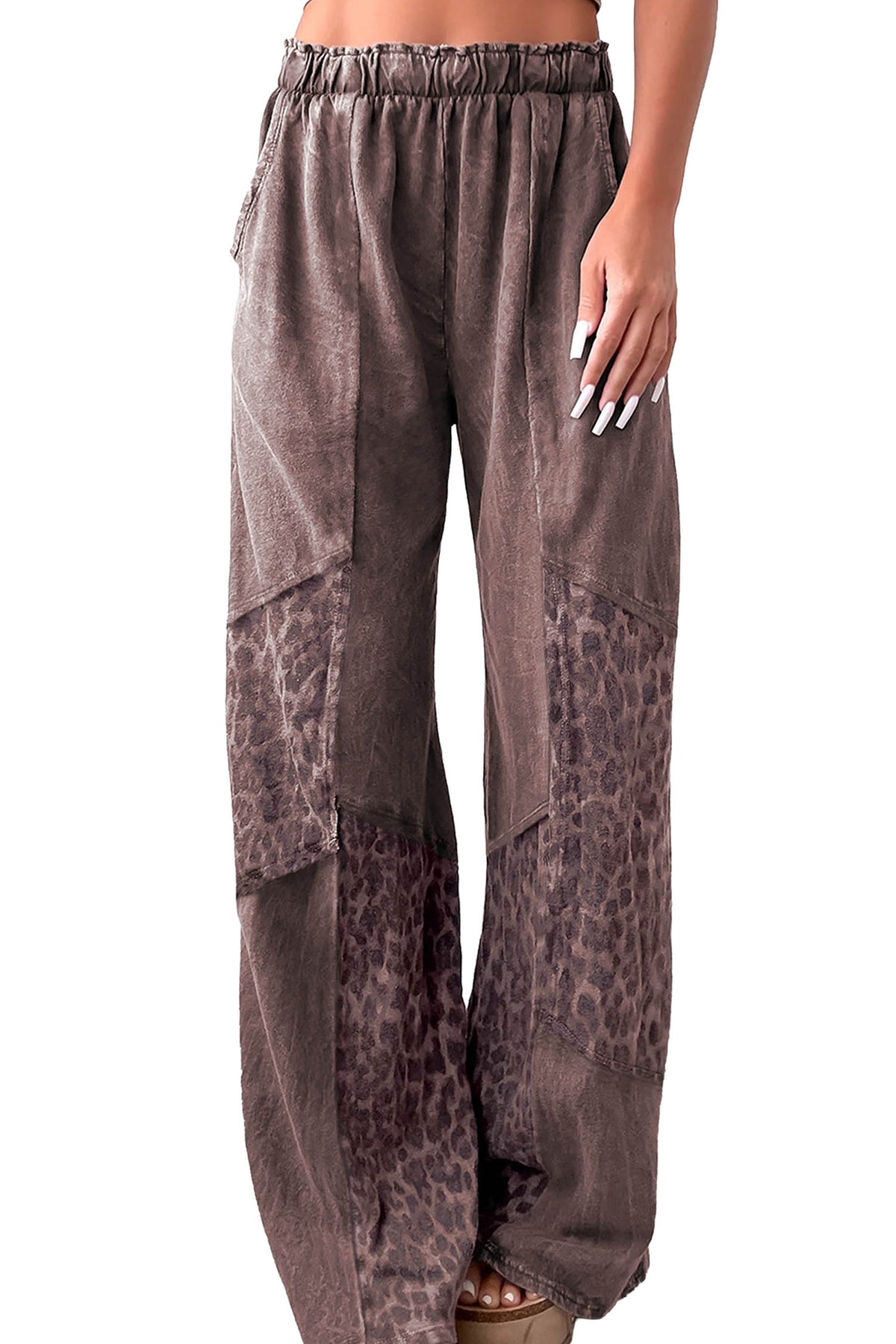 Coffee Mineral Wash Leopard Patchwork Loose Pants