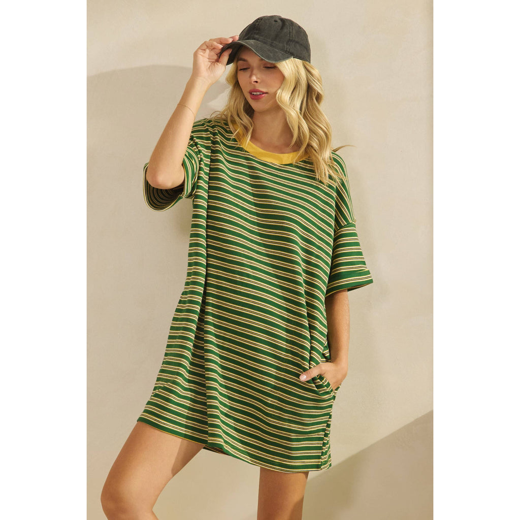 Veveret - Stripe Knit Pullover Oversized T-shirt Dress