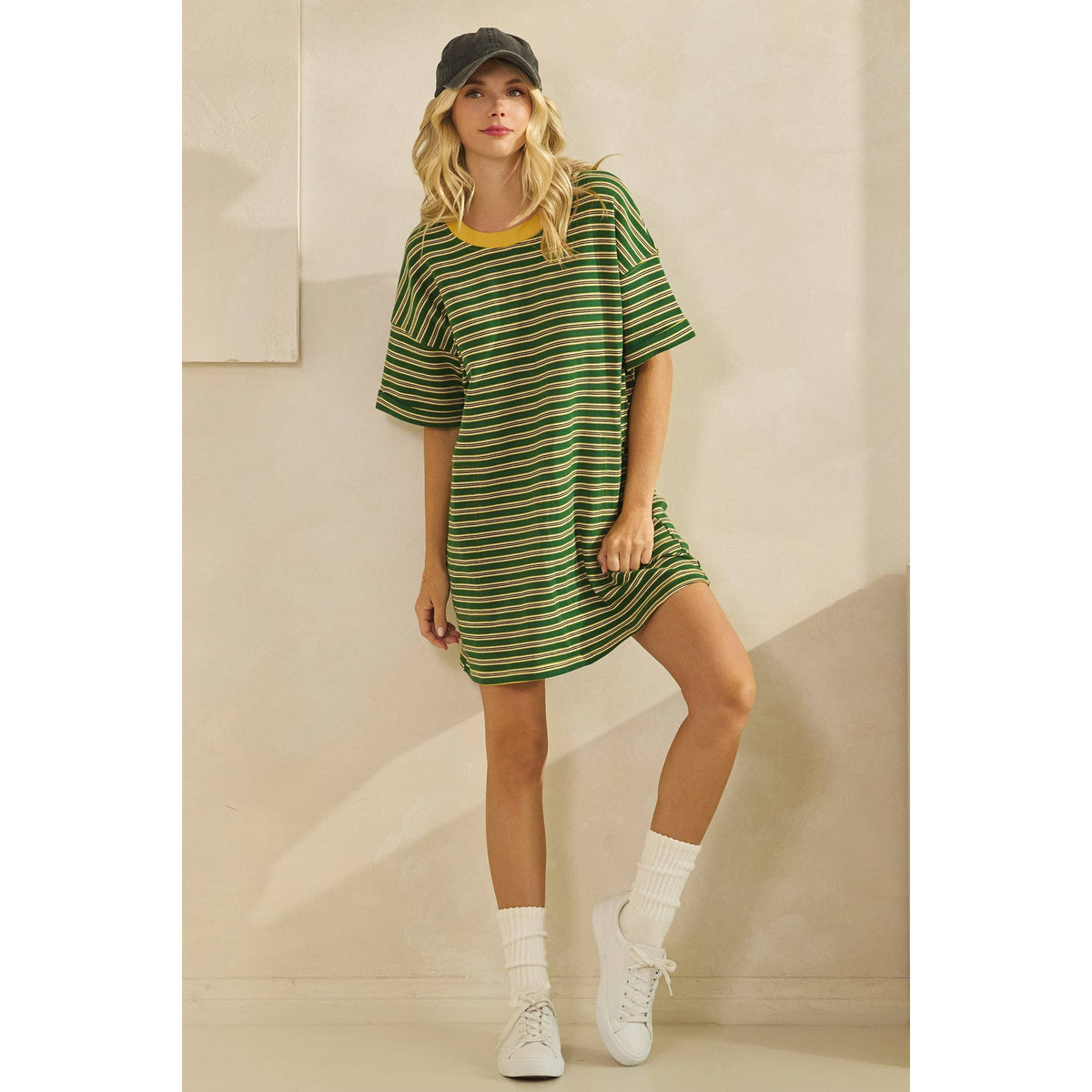 Veveret - Stripe Knit Pullover Oversized T-shirt Dress