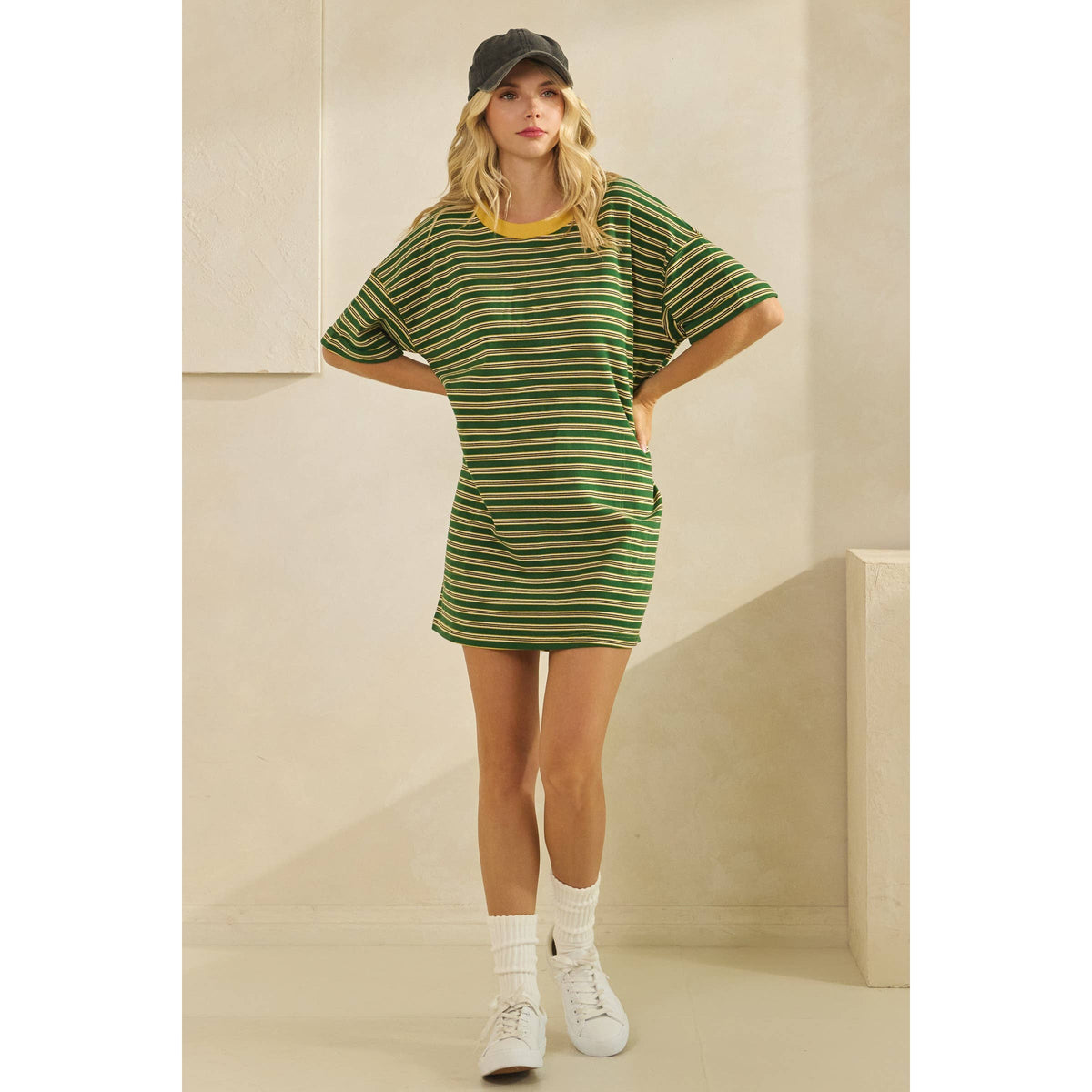 Veveret - Stripe Knit Pullover Oversized T-shirt Dress