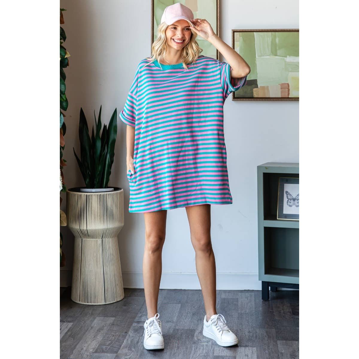 Veveret - Stripe Knit Pullover Oversized Tee Dress