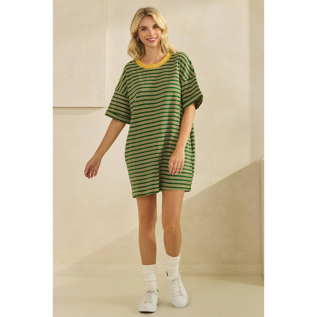 Veveret - Stripe Knit Pullover Oversized T-shirt Dress