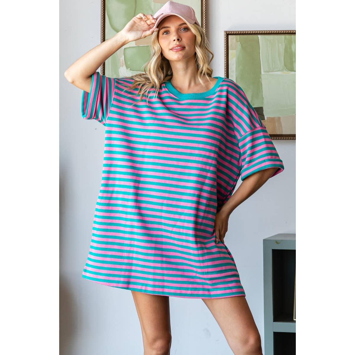 Veveret - Stripe Knit Pullover Oversized Tee Dress