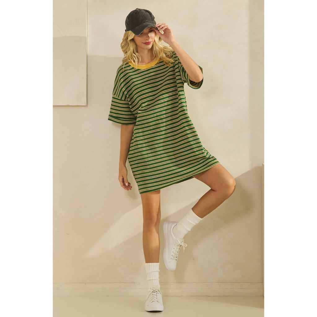 Veveret - Stripe Knit Pullover Oversized T-shirt Dress