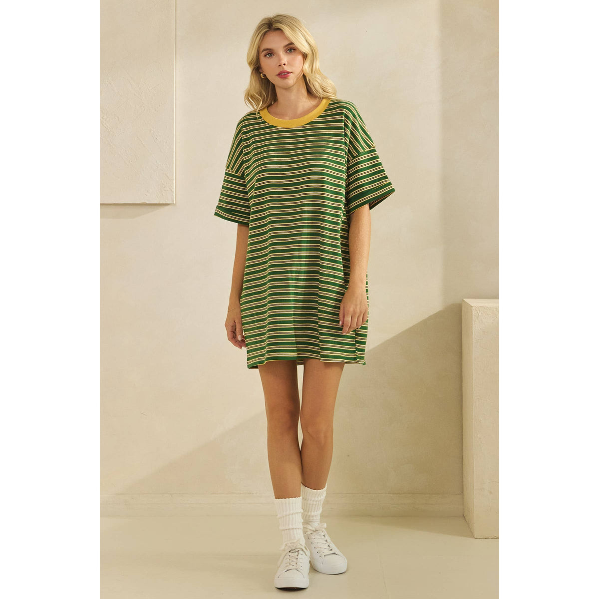Veveret - Stripe Knit Pullover Oversized T-shirt Dress
