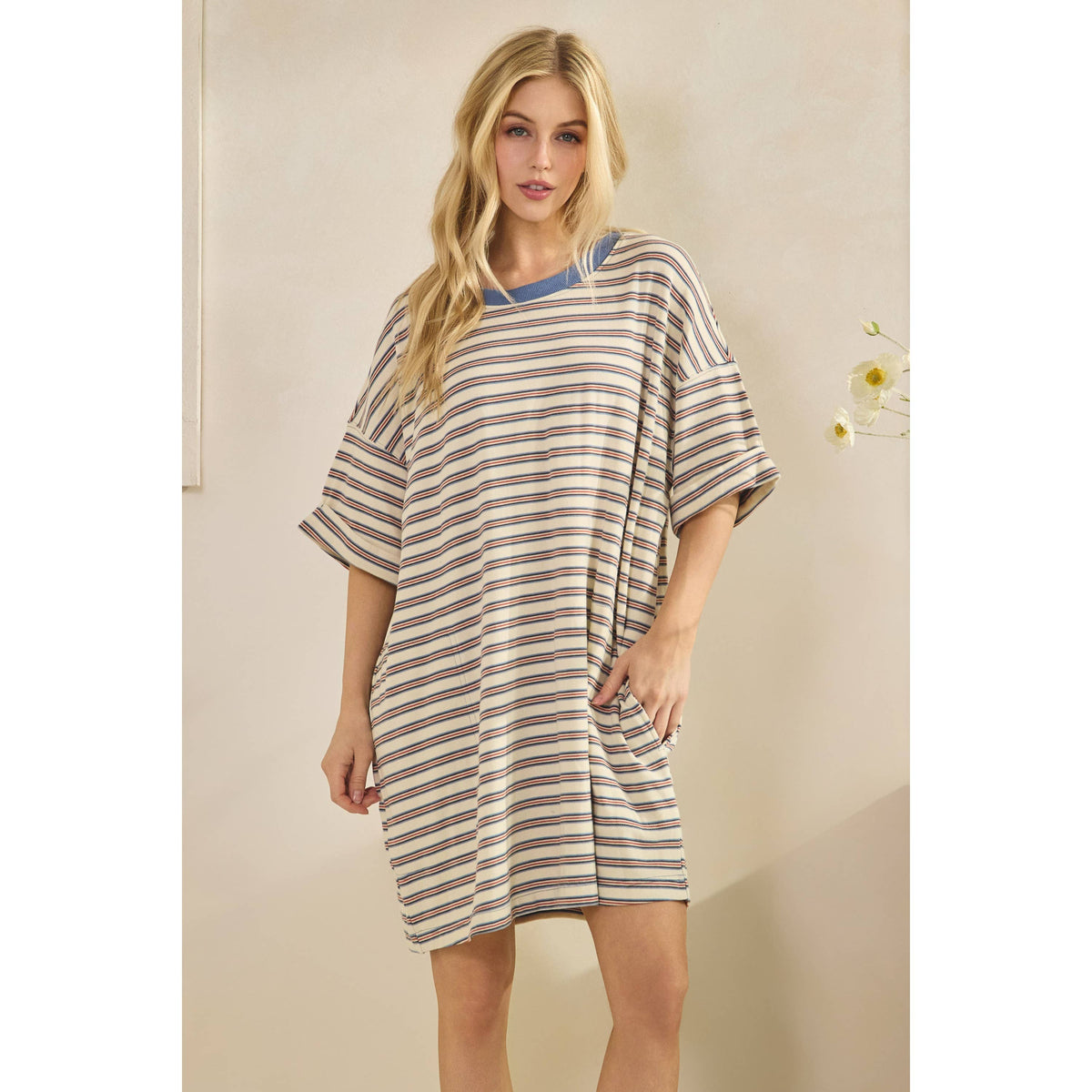 Veveret - Stripe Knit Pullover Oversized T-shirt Dress