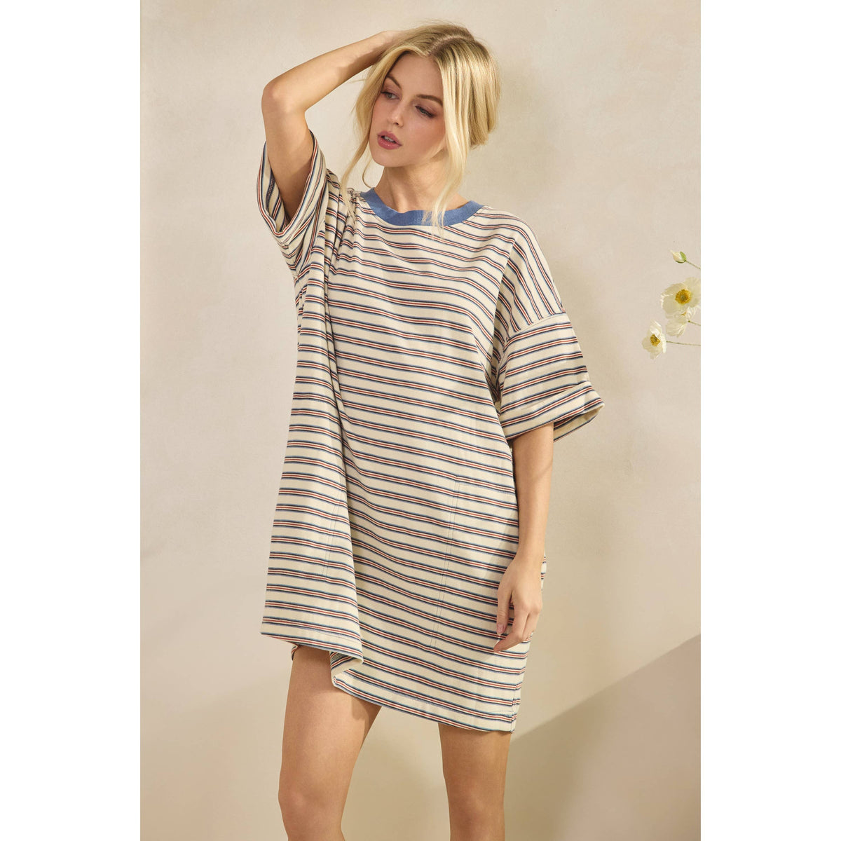Veveret - Stripe Knit Pullover Oversized T-shirt Dress