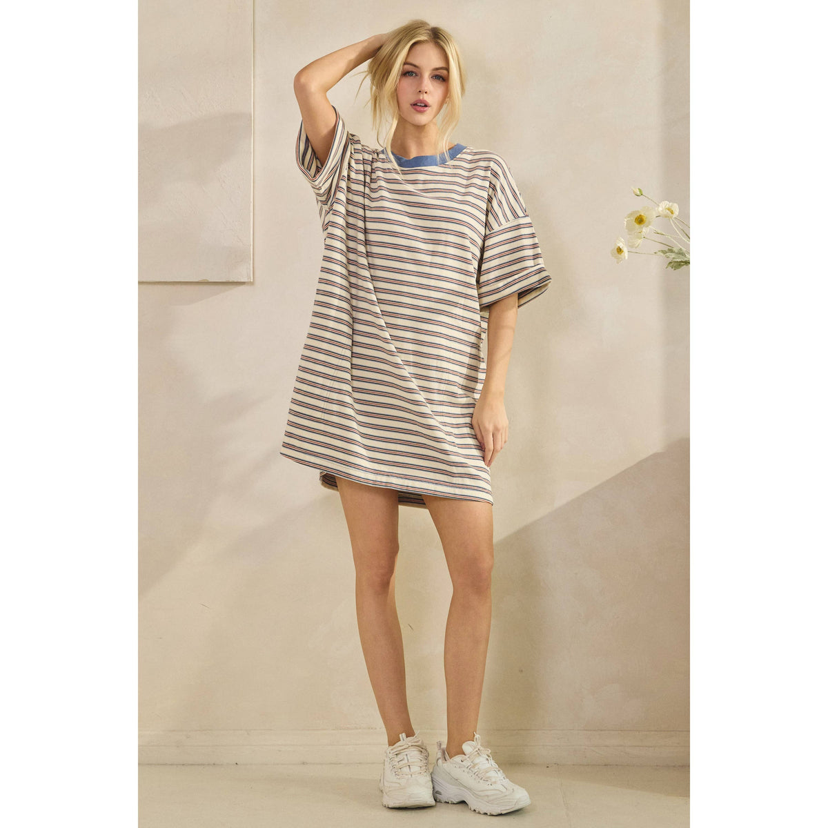 Veveret - Stripe Knit Pullover Oversized T-shirt Dress