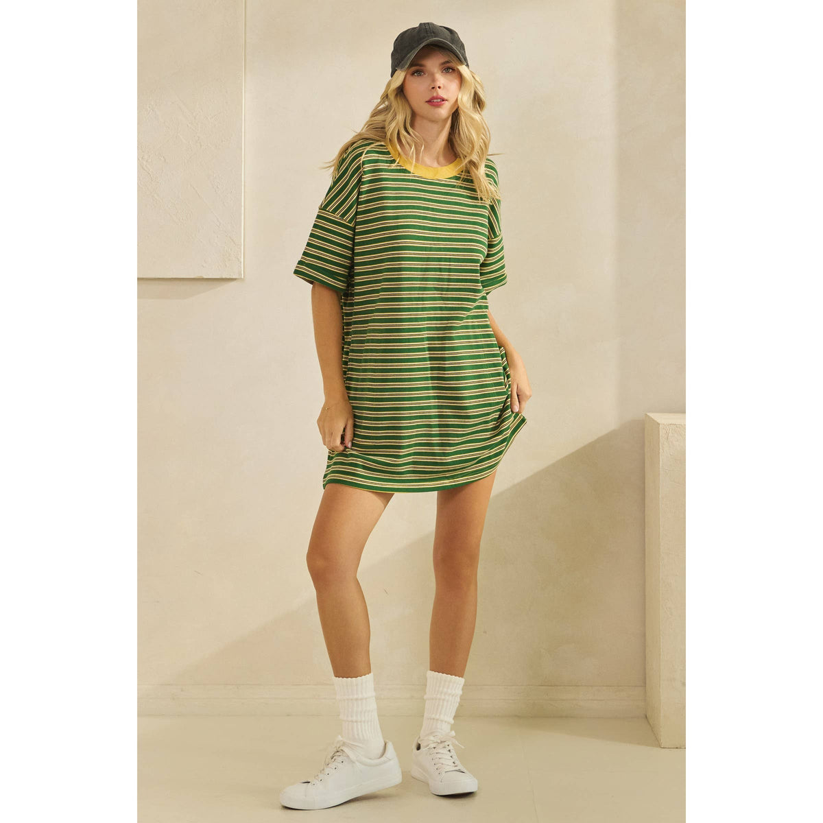 Veveret - Stripe Knit Pullover Oversized T-shirt Dress